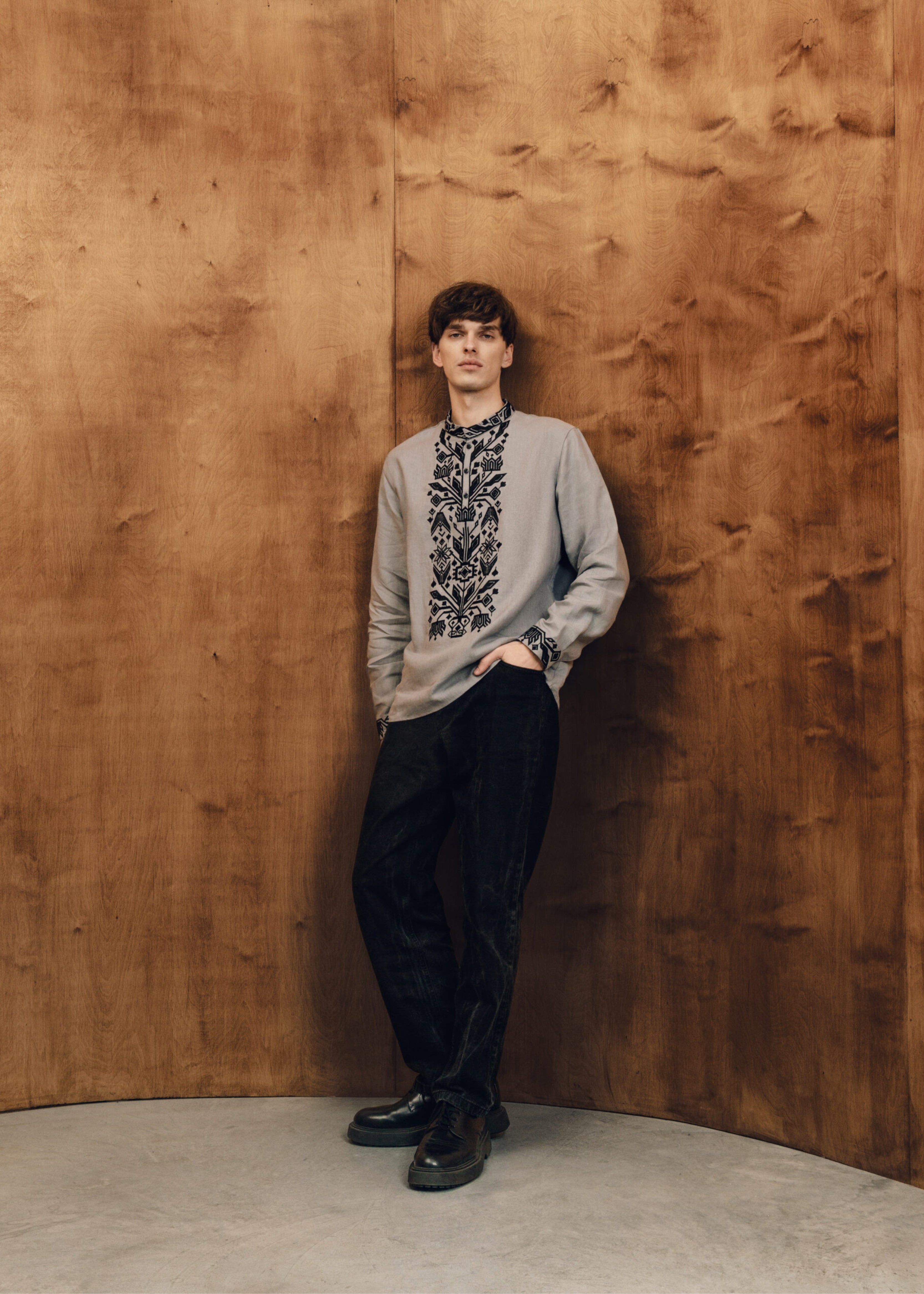 Men’s shirt with traditional embroidery “Kylymok” black ornament
