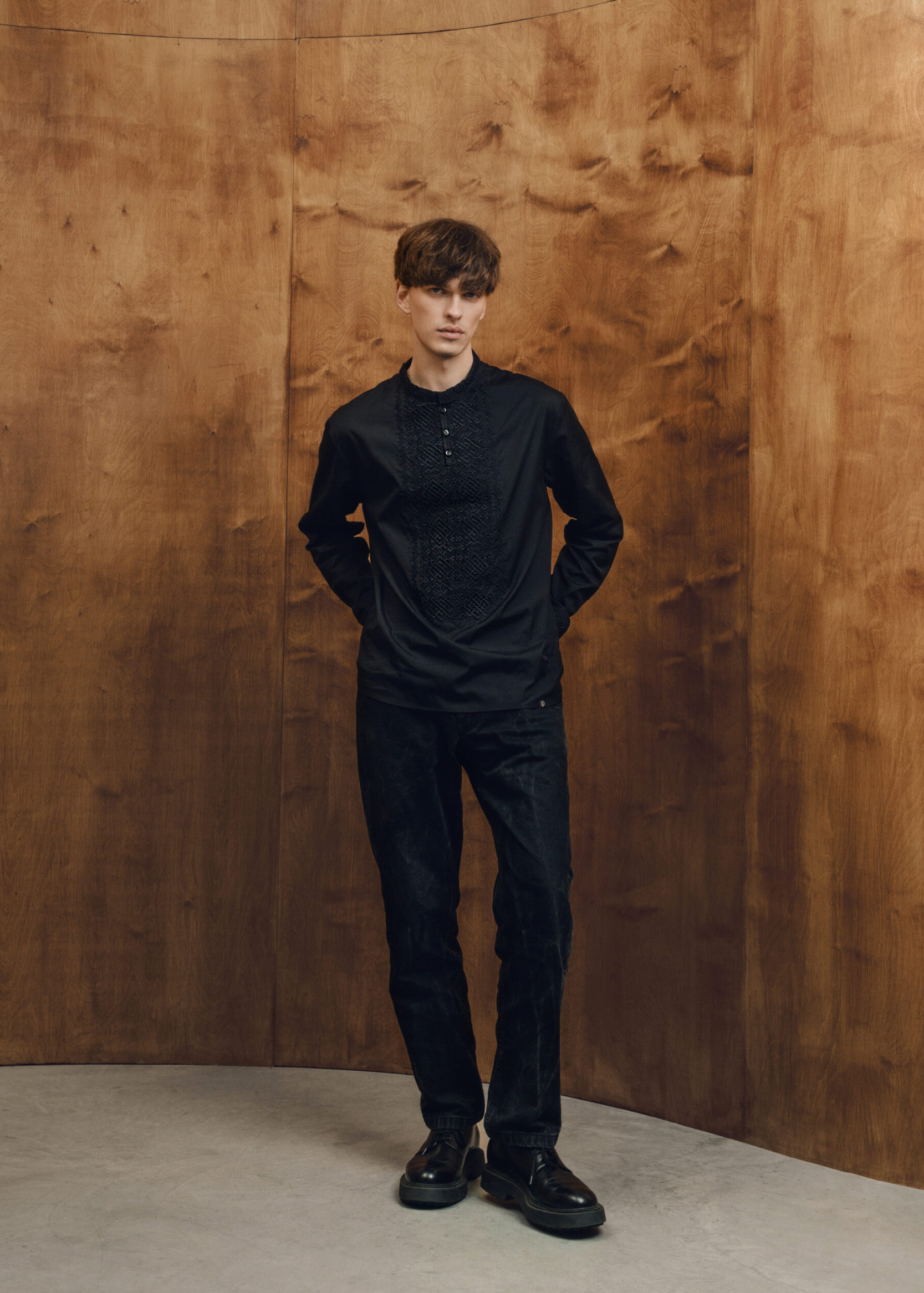 Men’s shirt with designer embroidery “Oprishok” black ornament