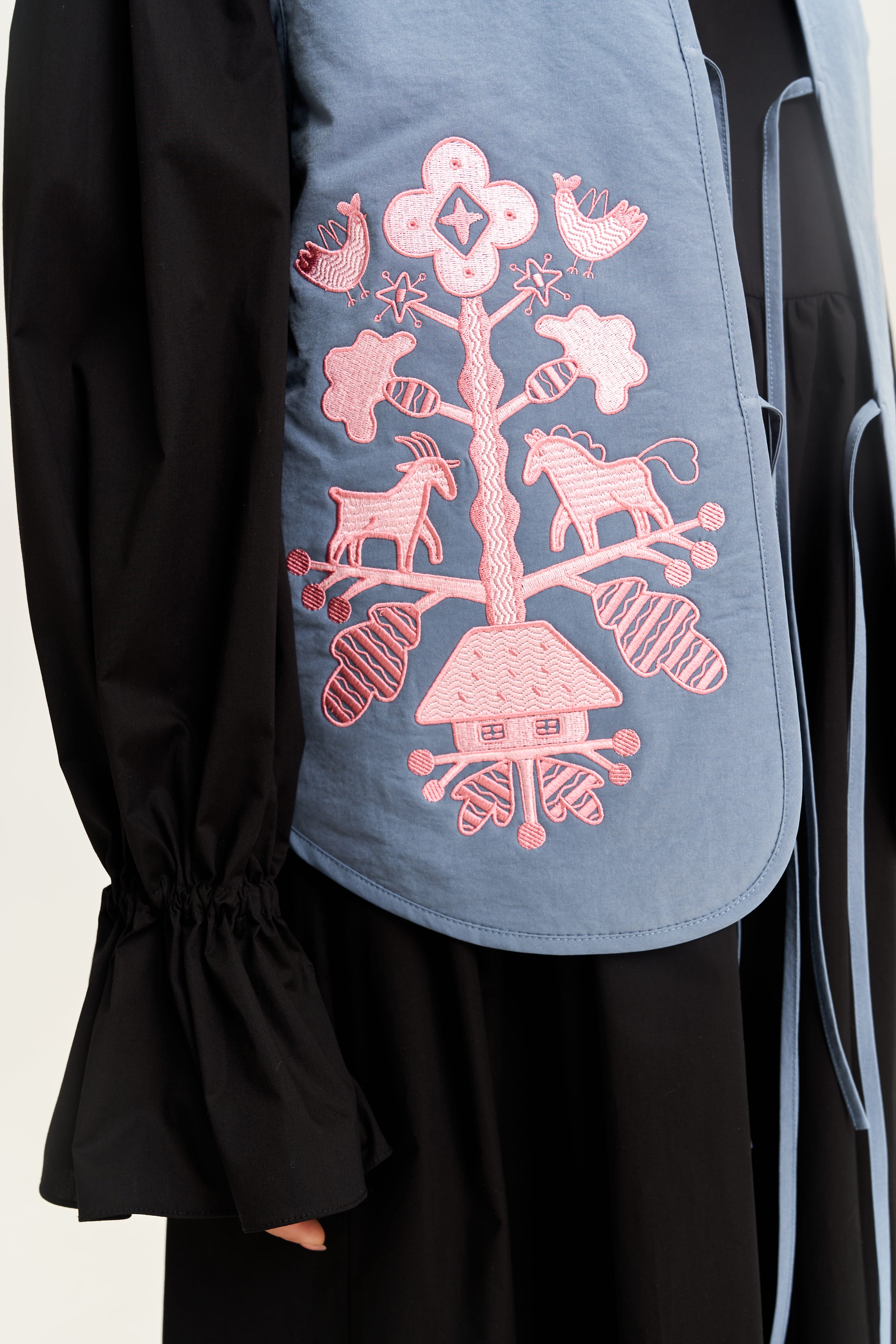 "Tree of Life" Quilted Vest with Embroidery, Blue and Pink