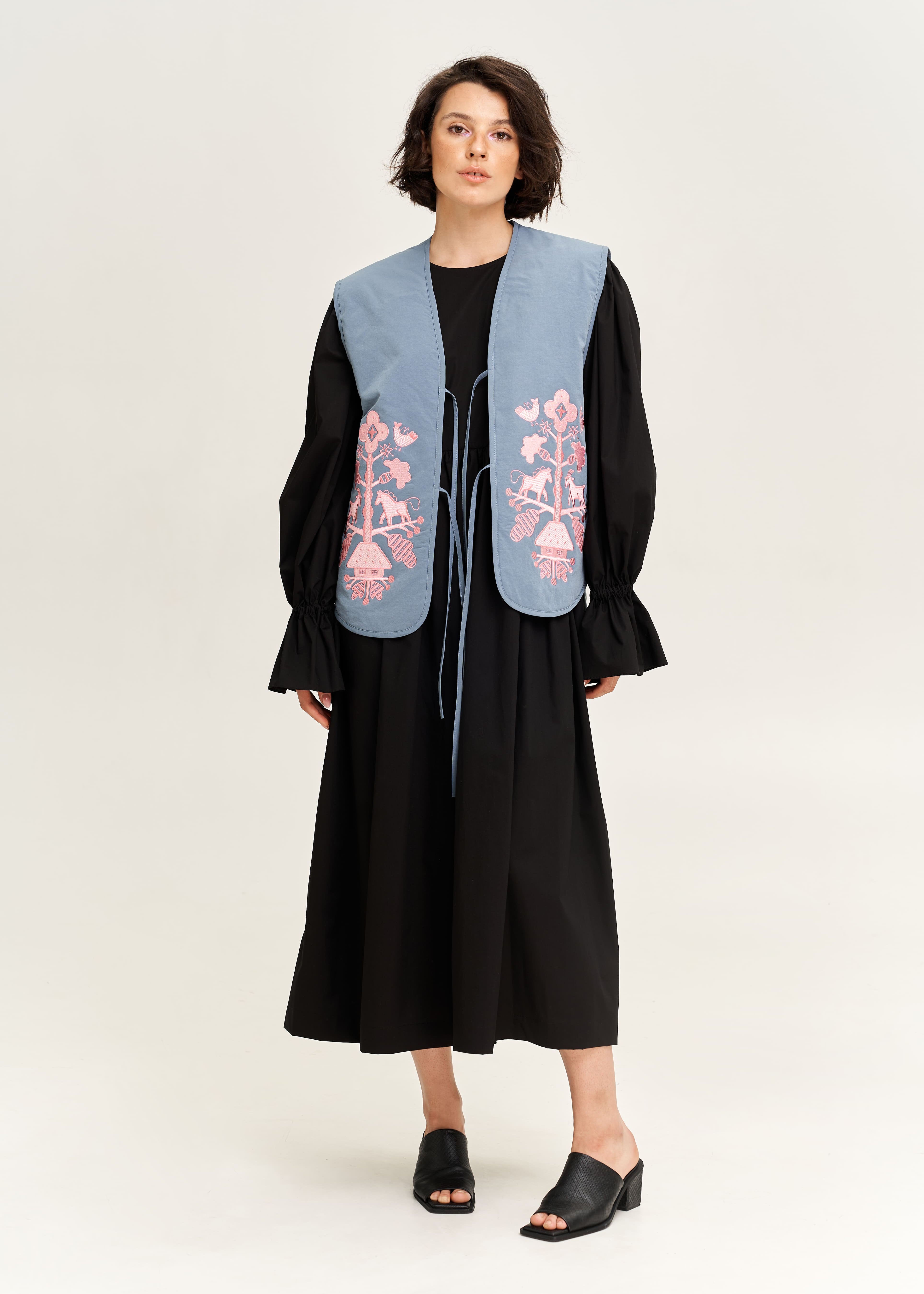 "Tree of Life" Quilted Vest with Embroidery, Blue and Pink
