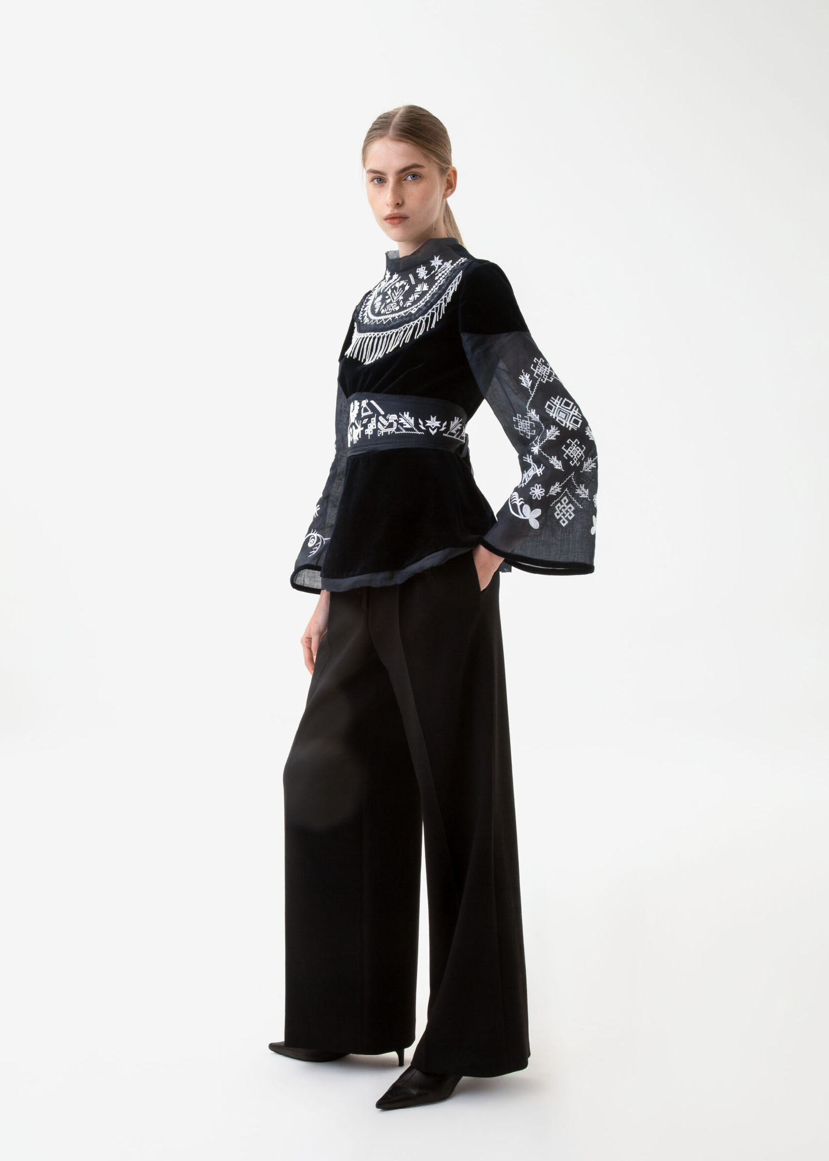 Vyshyvanka of Unity on dark blue velvet with a belt