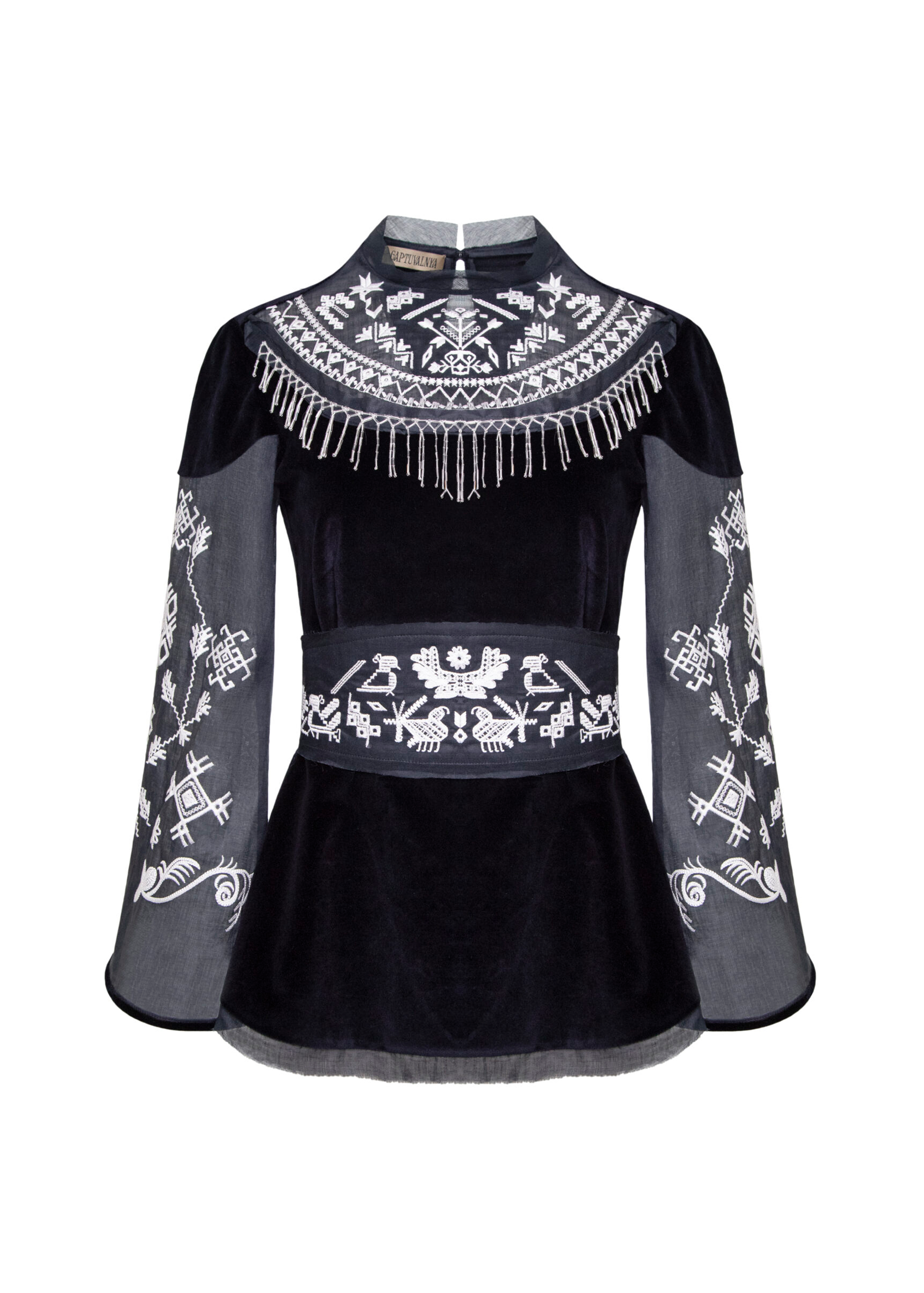 Vyshyvanka of Unity on dark blue velvet with a belt