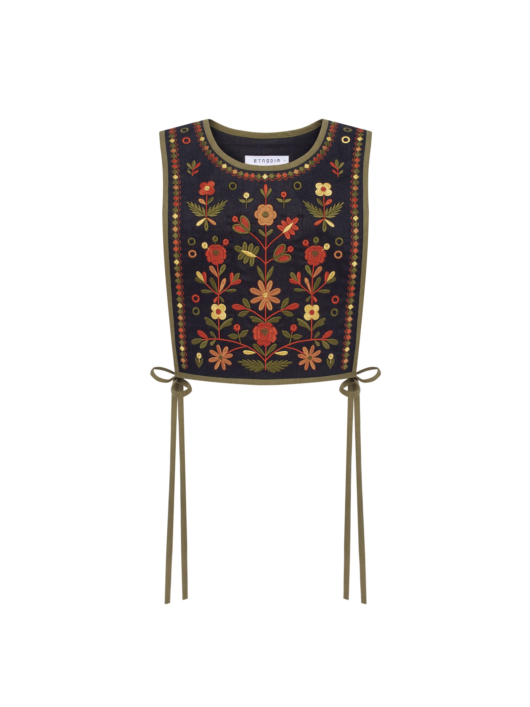 Linen embroidered vest with khaki ties Yaryna zhylet