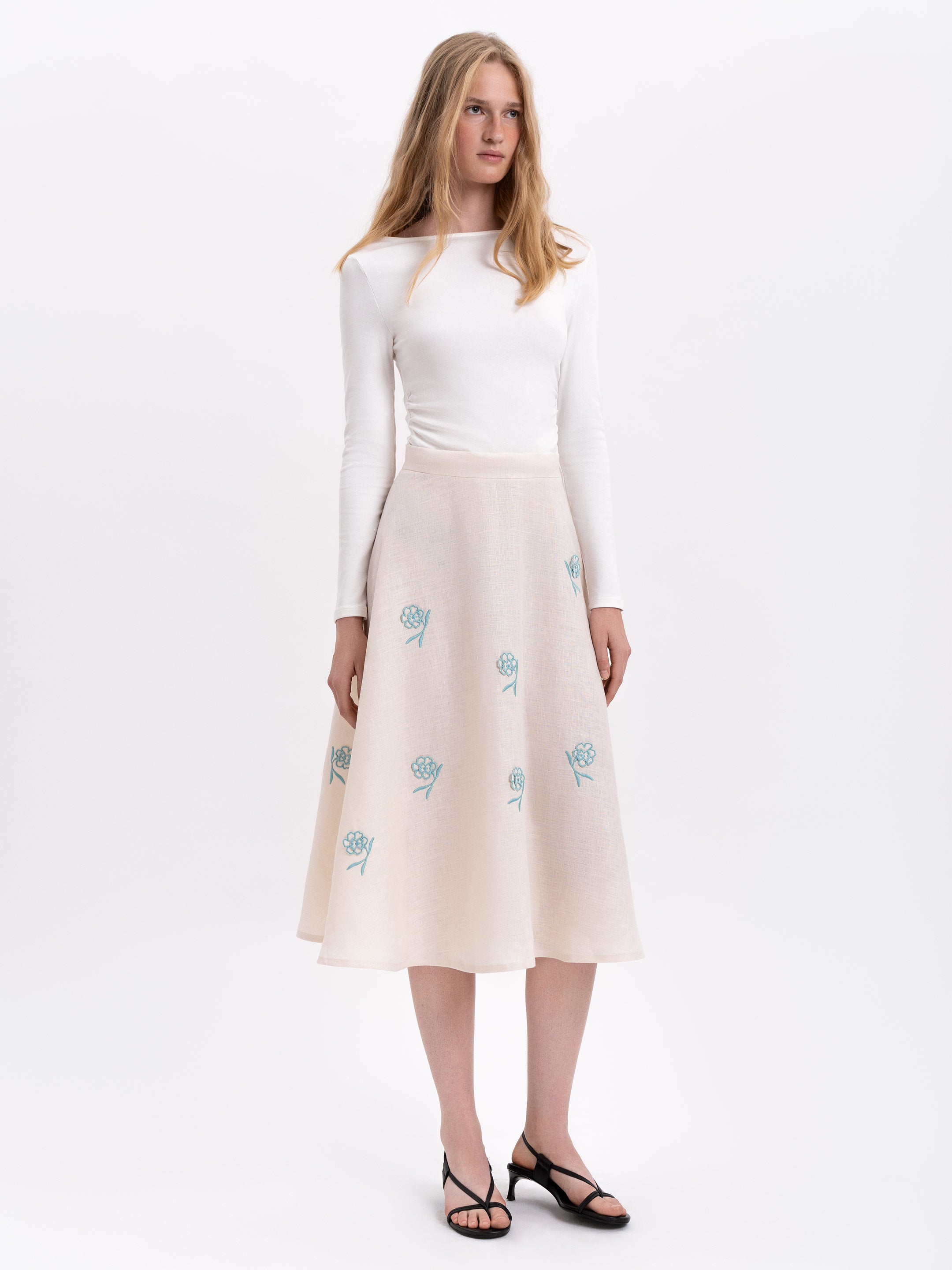 Milk colored linen embroidered skirt "Adoxa"