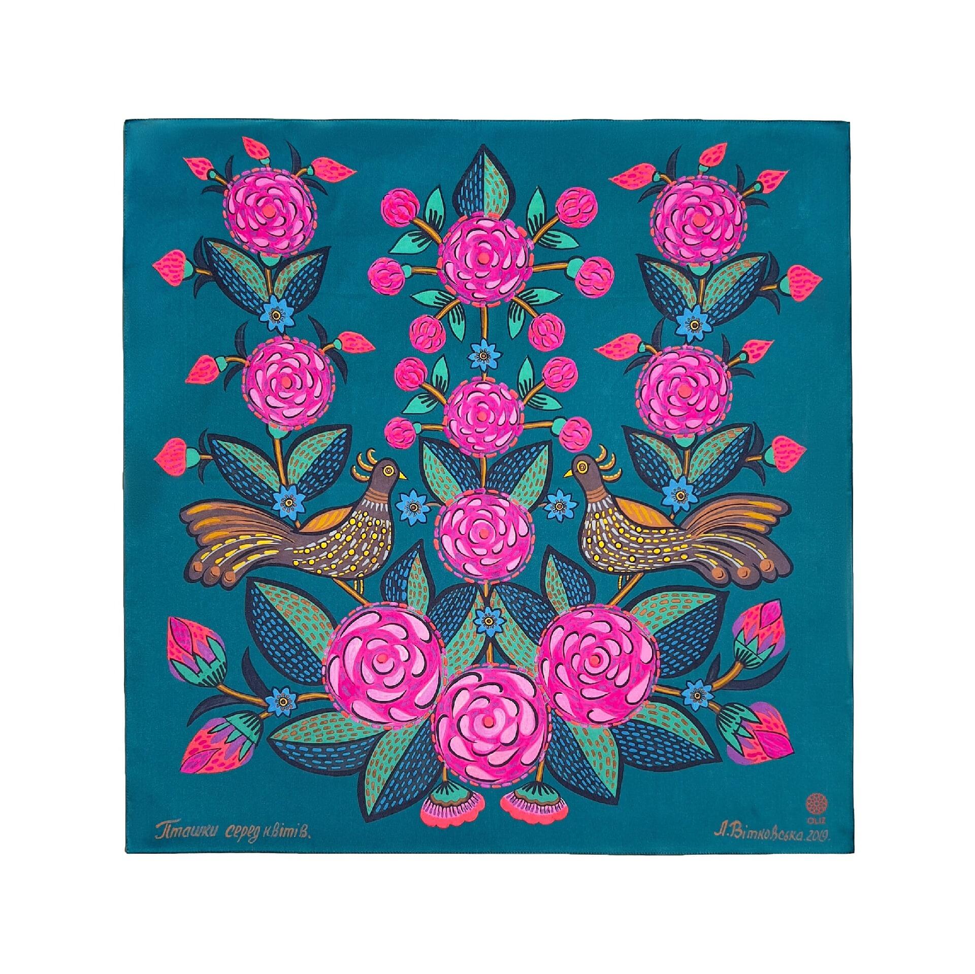 Silk scarf "Birds among flowers"