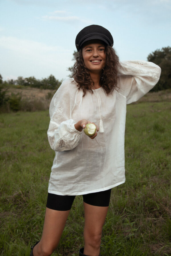 Blouse inspired by a traditional shirt with designer embroidery